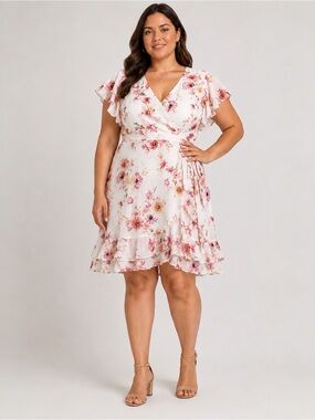 City Chic Ruffle Mini Dress Tie Waist V Neck Floral Print Ivory Pink Plus 16 NWT